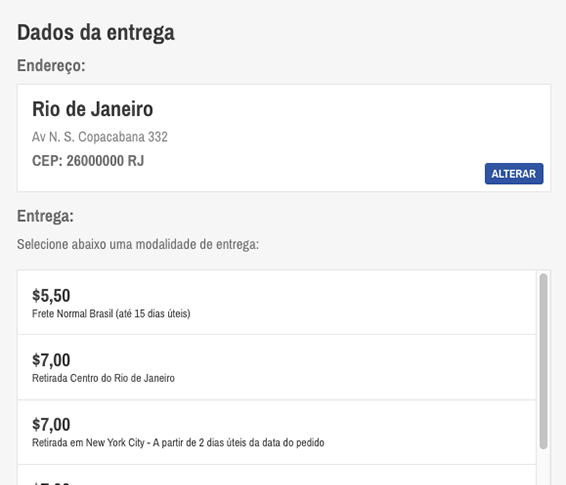Endereço e tipo de entrega para escolha. Endereço e tipo de entrega para escolha.