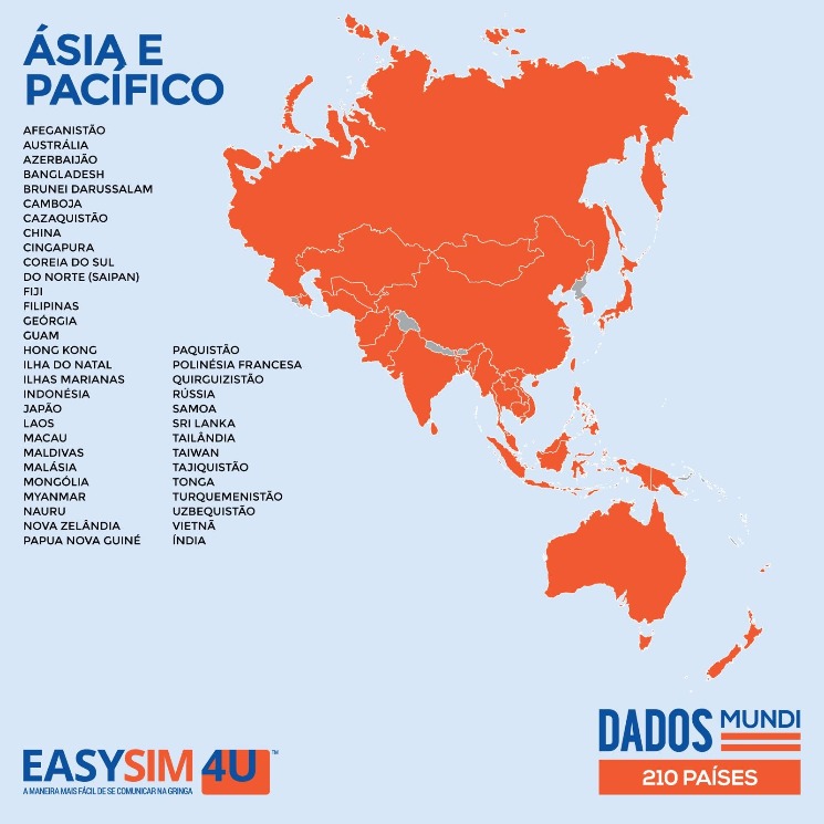 Cobertura da EasySIM4U na Ásia e Pacífico.