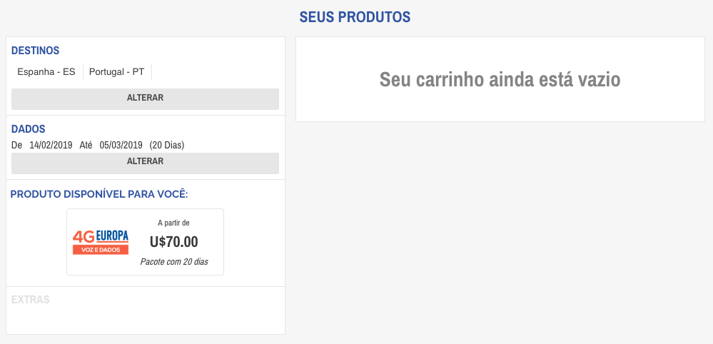 Tela do carrinho de compras. Tela do carrinho de compras.