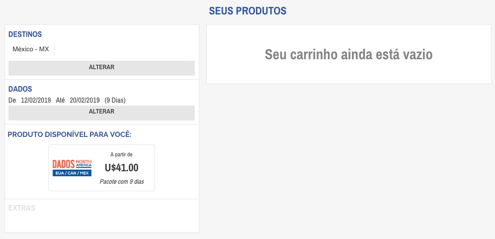Tela do carrinho de compras. Tela do carrinho de compras.