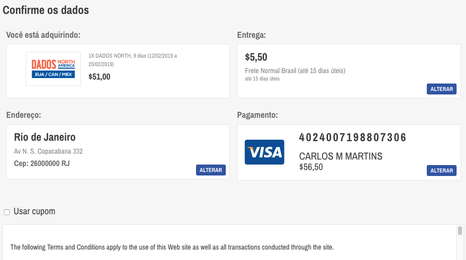 Confirmação dos dados antes da compra. Confirmação dos dados antes da compra.