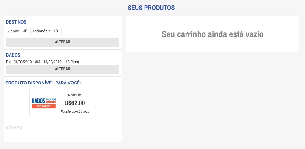 Tela do carrinho de compras. Tela do carrinho de compras.