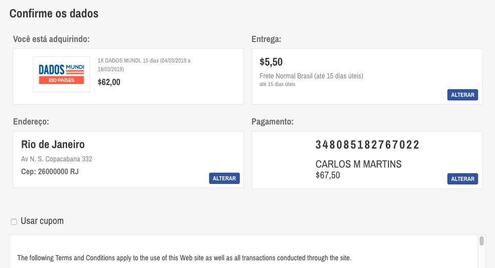 Confirmação dos dados antes da compra. Confirmação dos dados antes da compra.