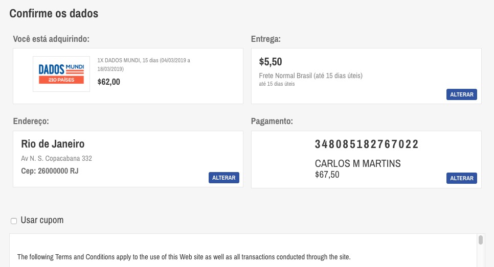 Confirmação dos dados antes da compra.